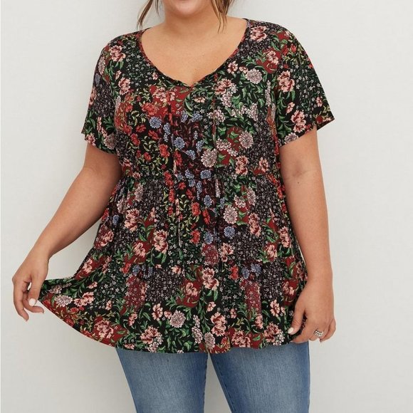 torrid Tops - Torrid Size 6 Babydoll Top Black Floral Boho with Tie Neck - Style #15221093